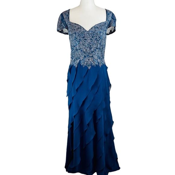 XSCAPE‎ Blue Sheer Cap Sleeve Floral Dress Gown 10 Tiered Ruffles Wedding Prom - Picture 1 of 16
